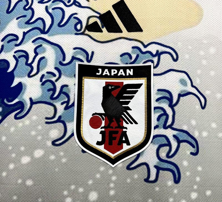 Japan inspired soccer jersey with great wave motif and blue white graphic design