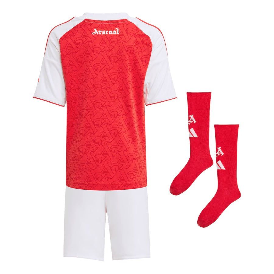 Youth Arsenal home jersey 2025 2026 season with shorts and socks