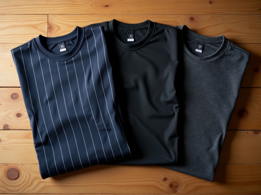 Three dark soccer jerseys folded side by side for different body types