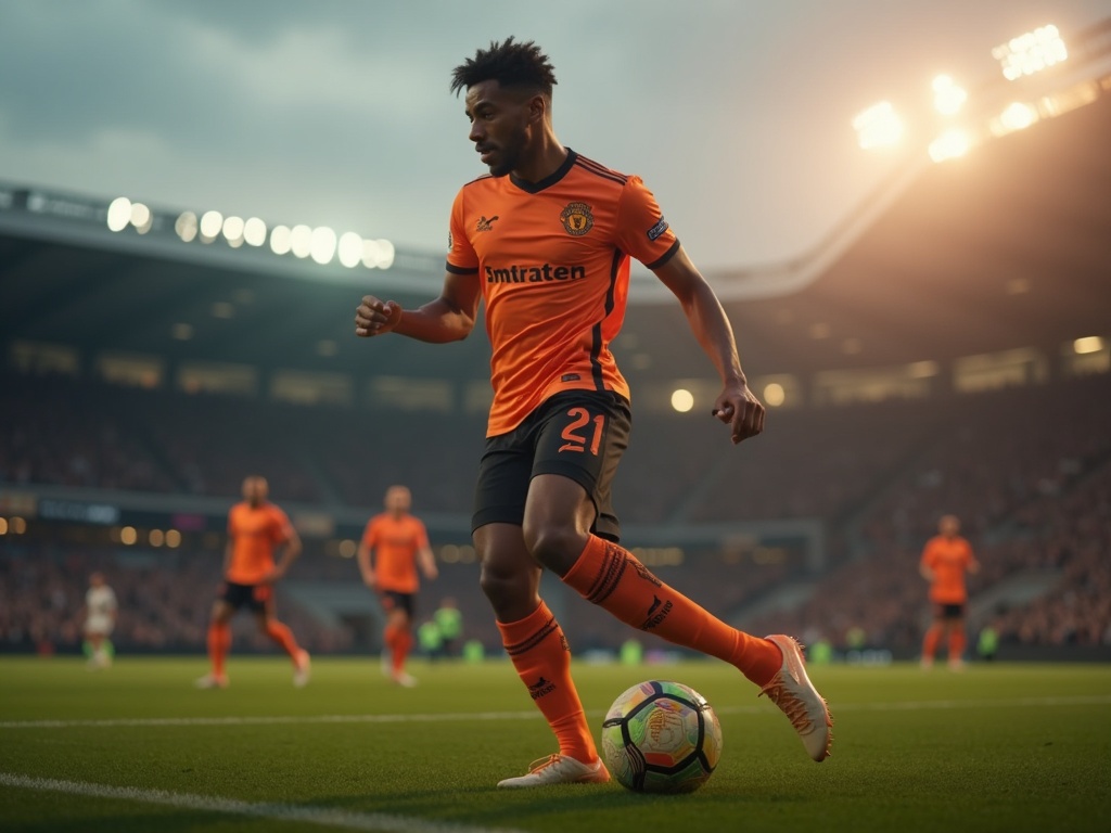 Football player wearing a charcoal and electric orange 2026 away jersey on a stadium pitch