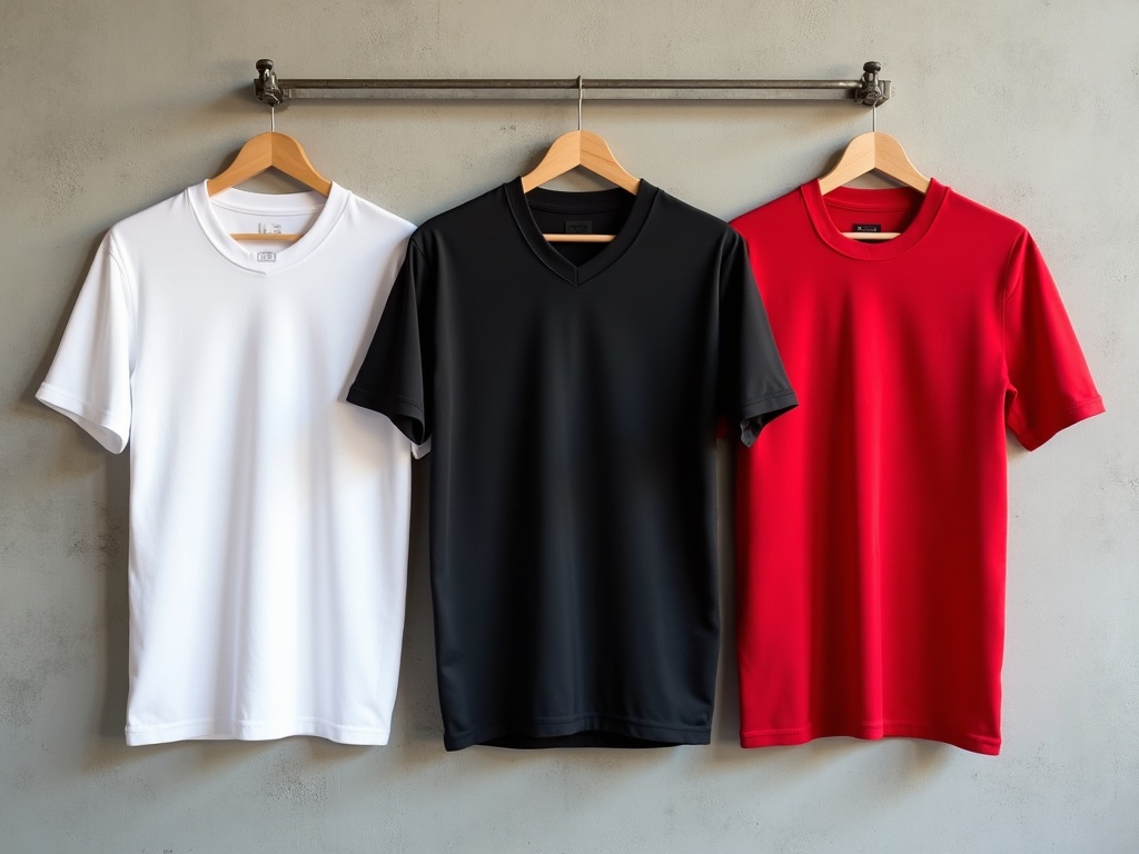 Three 2026 soccer jerseys hanging on wooden hangers: white home, black away, red third