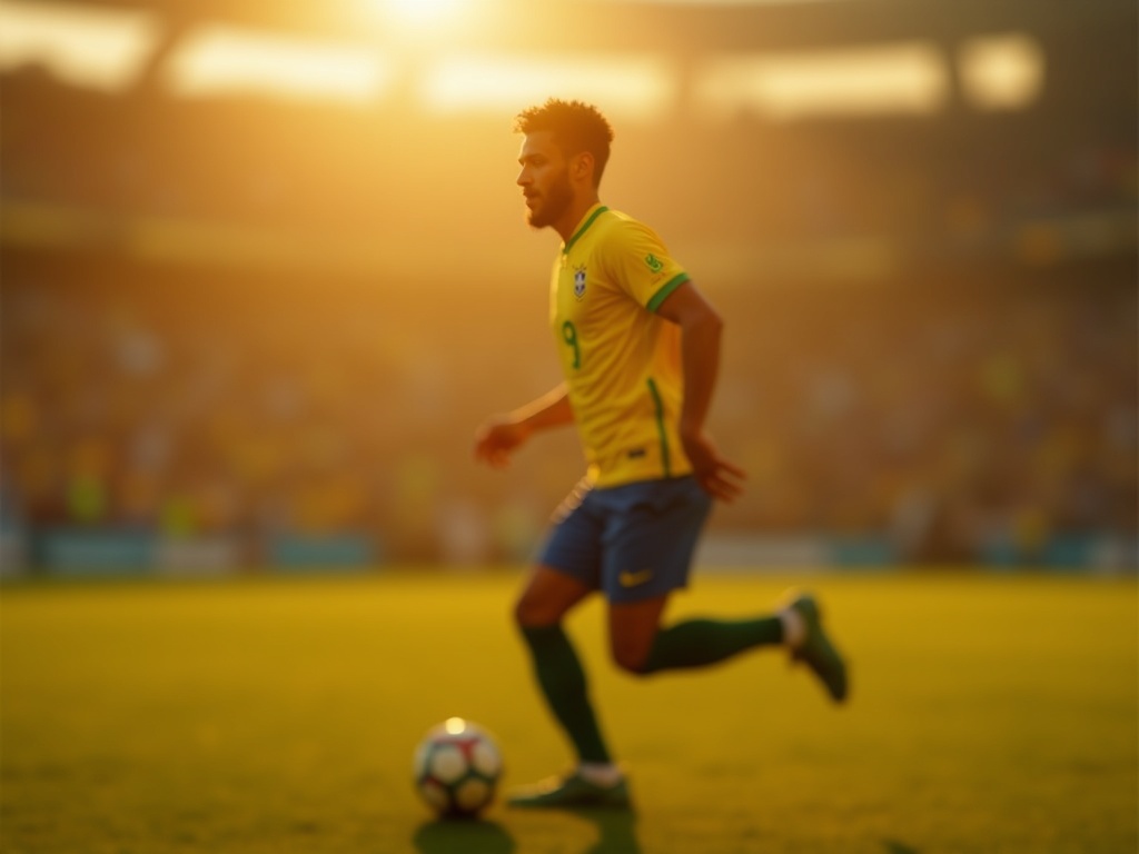 Joueur brésilien portant le maillot jaune Brazil 2026 numéro 7 en plein dribble