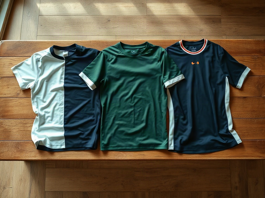 Three football jerseys showing different fit cuts laid flat on wooden bench: slim fit pulling at sides, standard fan fit, and relaxed loose fit with vertical side panels