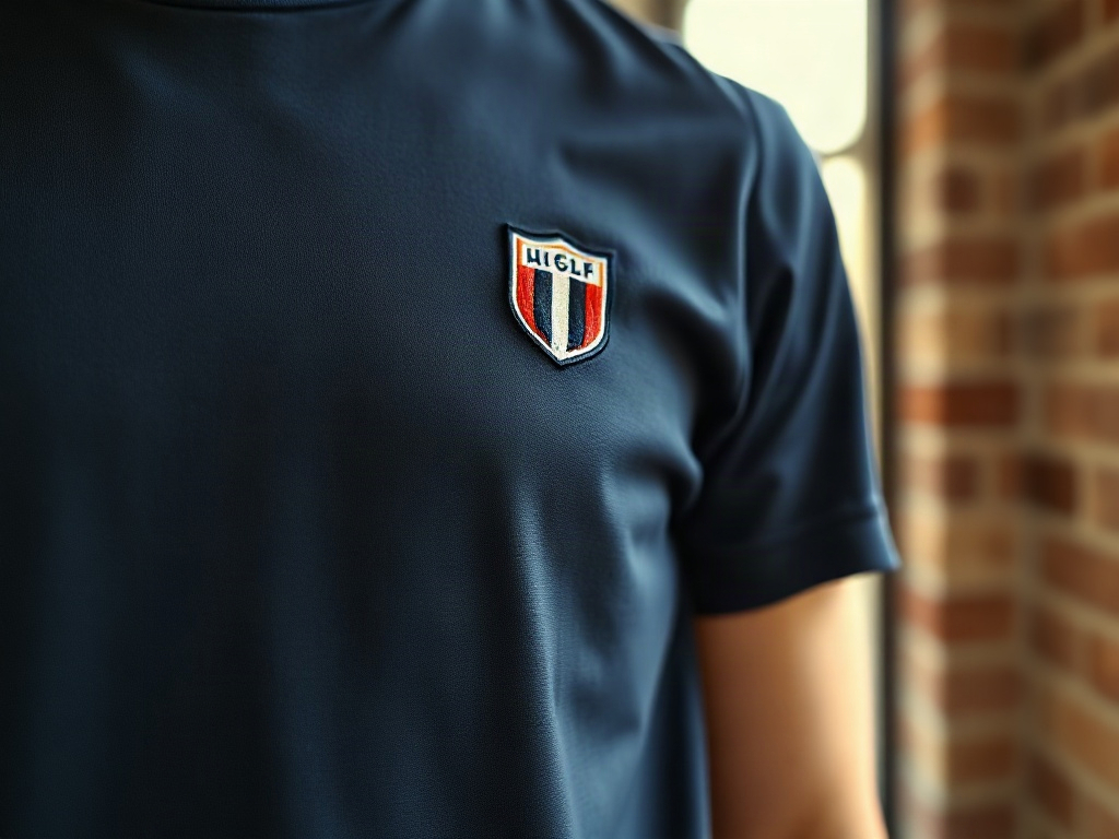 Close up of navy football jersey with vertical pinstripe weave pattern on a larger supporter's torso showing clean natural drape and embroidered crest detail