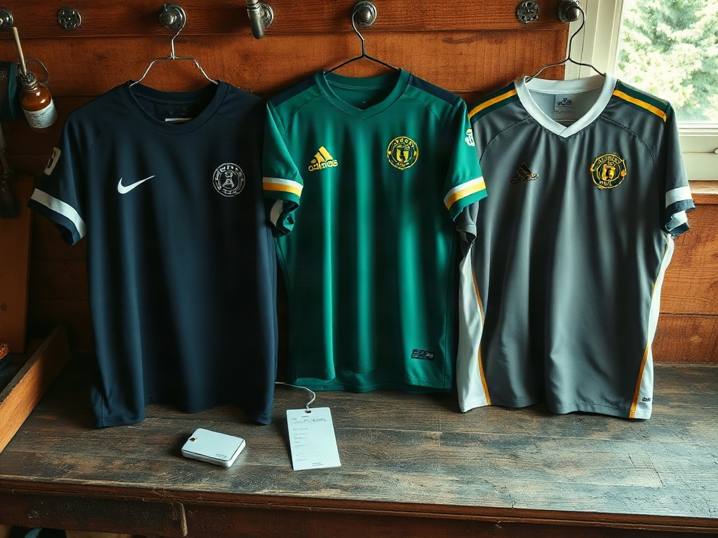 Three football jerseys at different price tiers laid out on a wooden workbench in afternoon light