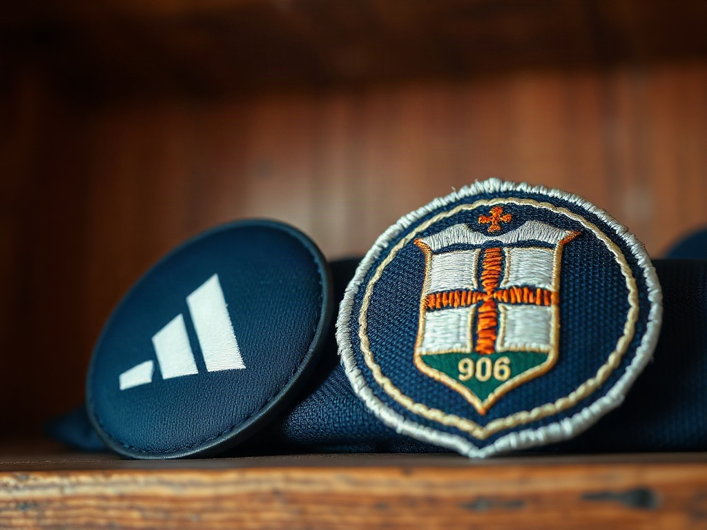 Close-up comparison of heat-transferred crest versus embroidered crest on football jerseys