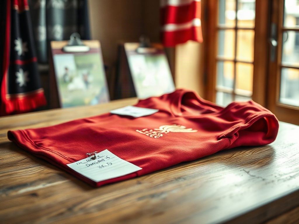 New Liverpool FC home jersey 2026 laid flat on wooden counter with price tag and match program in background