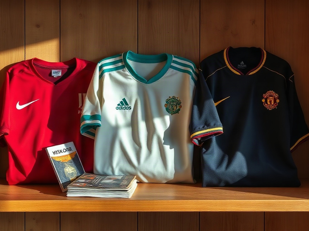 Liverpool FC 2026 home, away, and third jerseys displayed side by side on a wooden collector's shelf