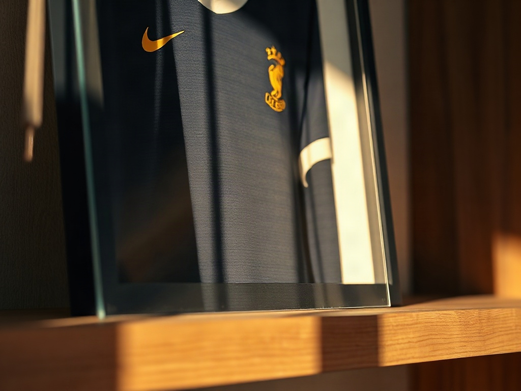 UV-protective acrylic panel leaning against a deep navy shadow box frame for a football shirt display