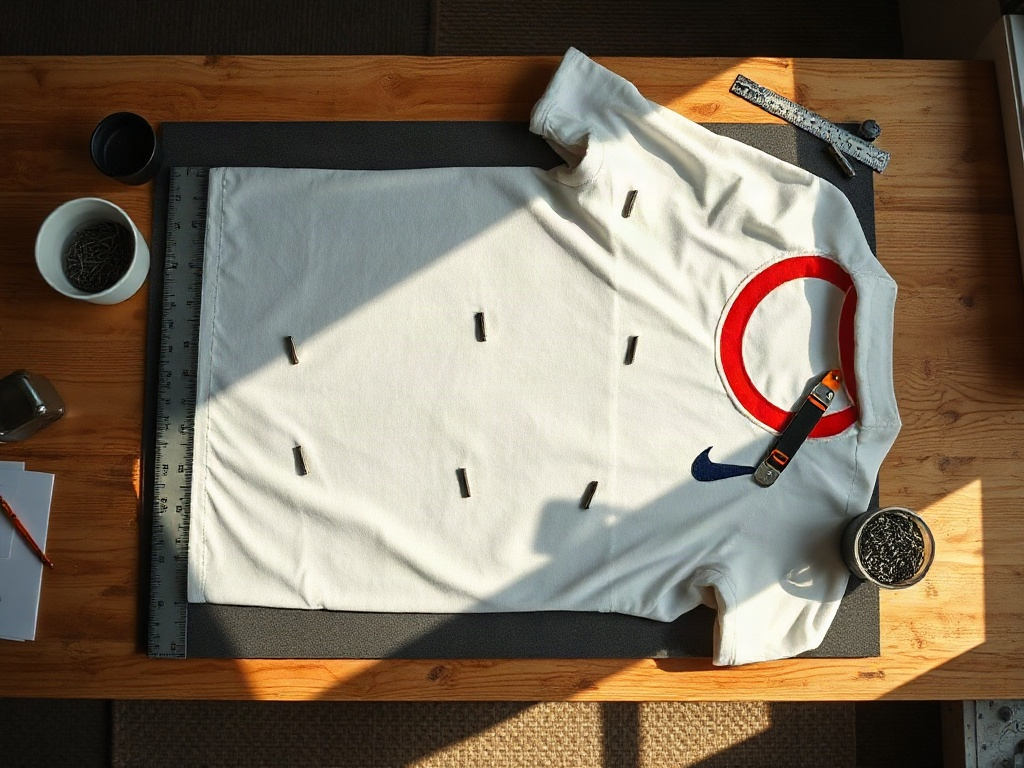 Football shirt being mounted on acid-free foam board with stainless steel shirt pins along the hem seam