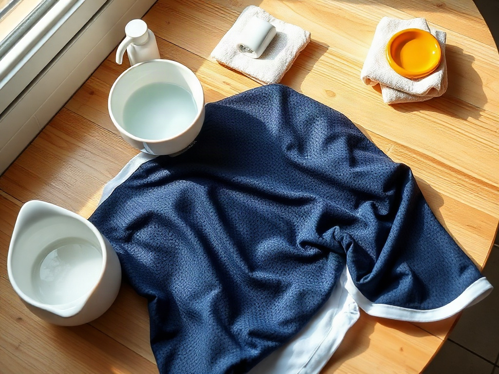 Football jersey laid flat next to a bowl of soapy water and baby detergent ready for hand washing