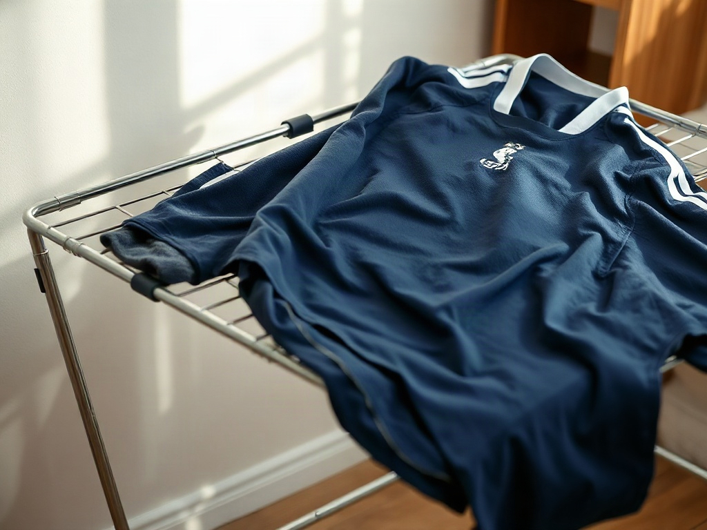 Damp football jersey laid flat on a mesh drying rack to dry naturally after hand washing