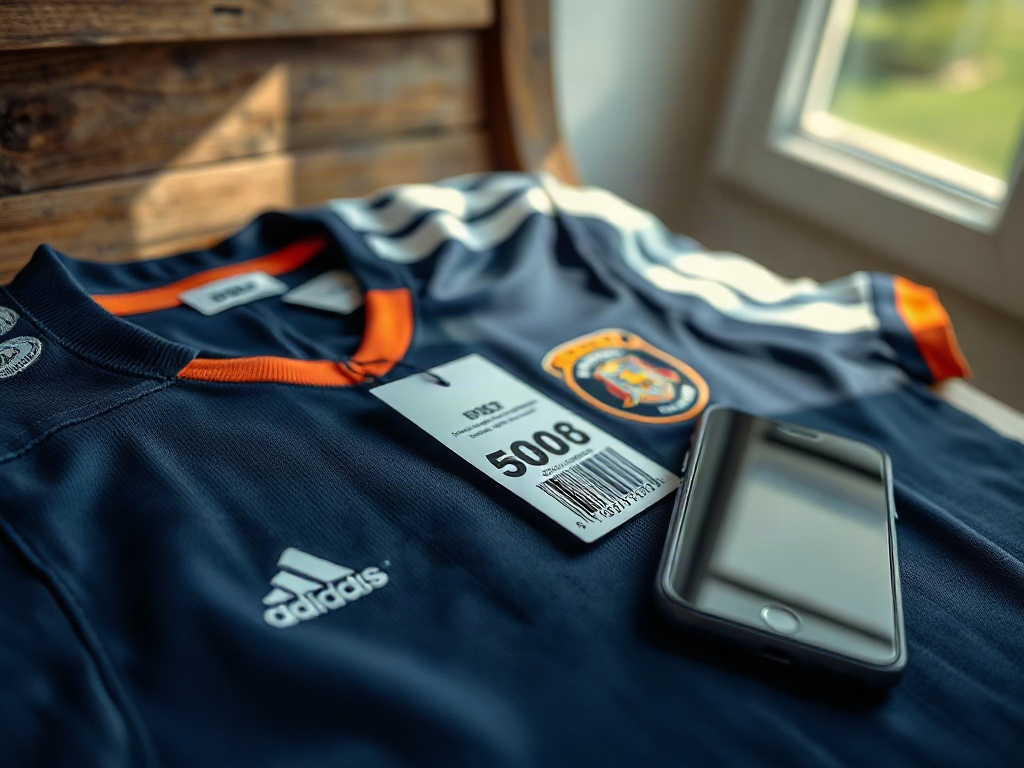 Authentic football jersey hanger tag with holographic sticker and barcode under natural window light