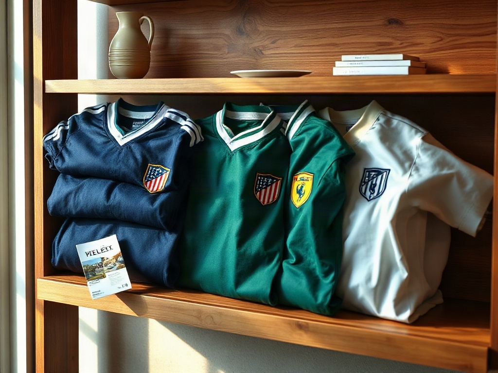 Folded vintage football jerseys on a wooden collector's shelf with embroidered crests visible under natural light