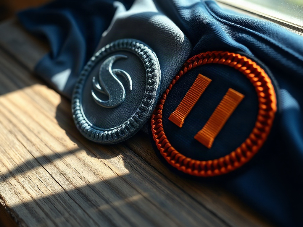 Close-up comparison of authentic embroidered football badge versus flat printed reproduction badge under natural light