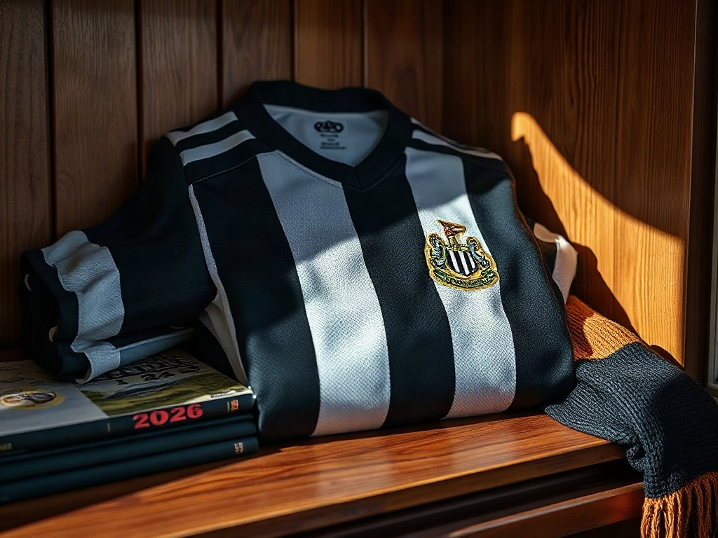 Newcastle United 2026 black-and-white striped jersey on a collector's wooden shelf with match program and scarf