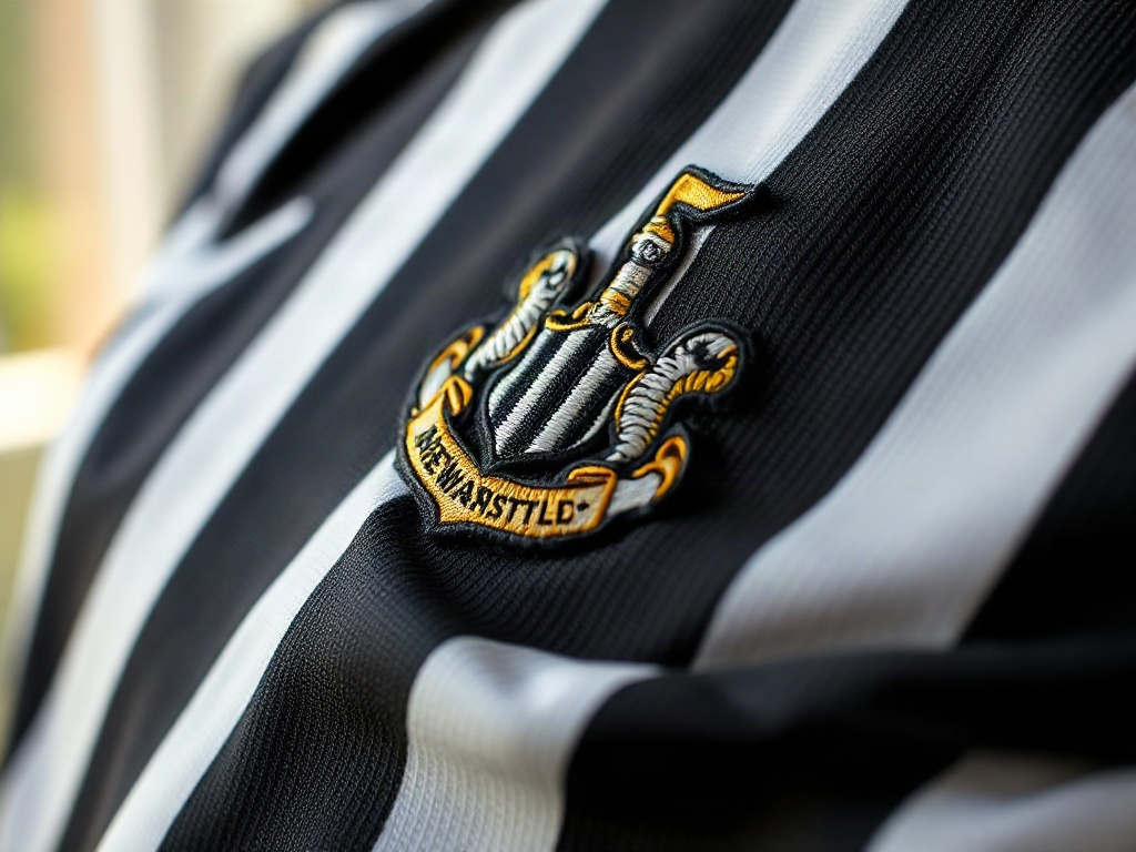 Close-up of embroidered Newcastle United crest on the 2026 black-and-white home jersey