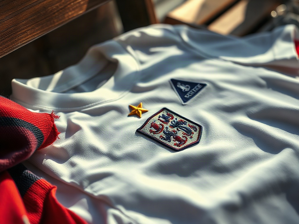 Close-up of the gold star embroidered above the Three Lions crest on an England football shirt