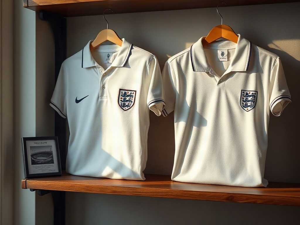 Two England shirts from different eras on a wooden collector's shelf, showing the evolution of the star above the badge