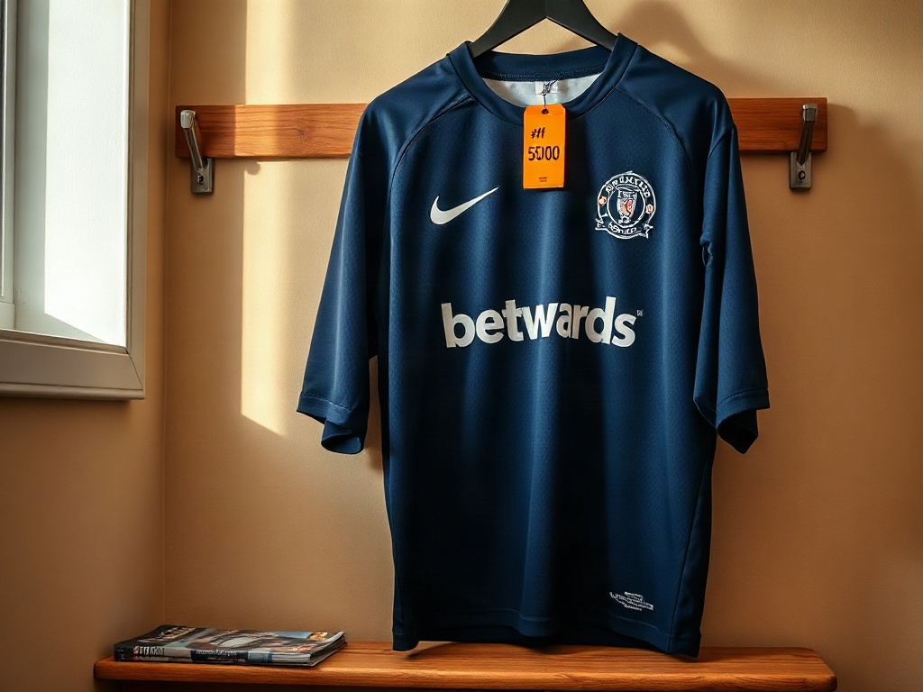 Deep navy football jersey on a wooden rail with an orange sale tag, natural side light showing embroidered crest detail