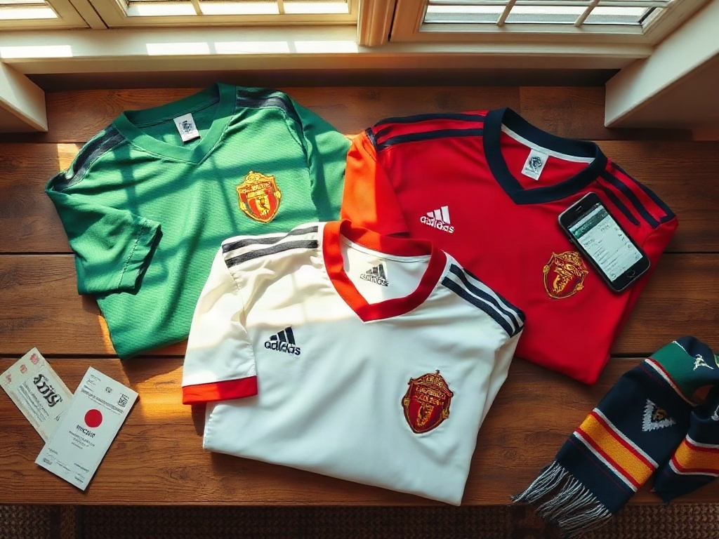 Three folded football jerseys on a wooden bench alongside vintage match tickets and a secondhand listing on a phone screen