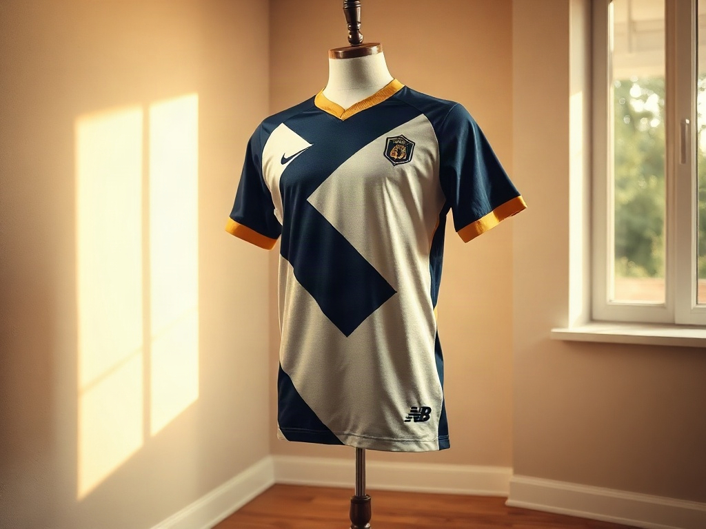 Concept football jersey on a dress form in natural afternoon light showing embroidery detail