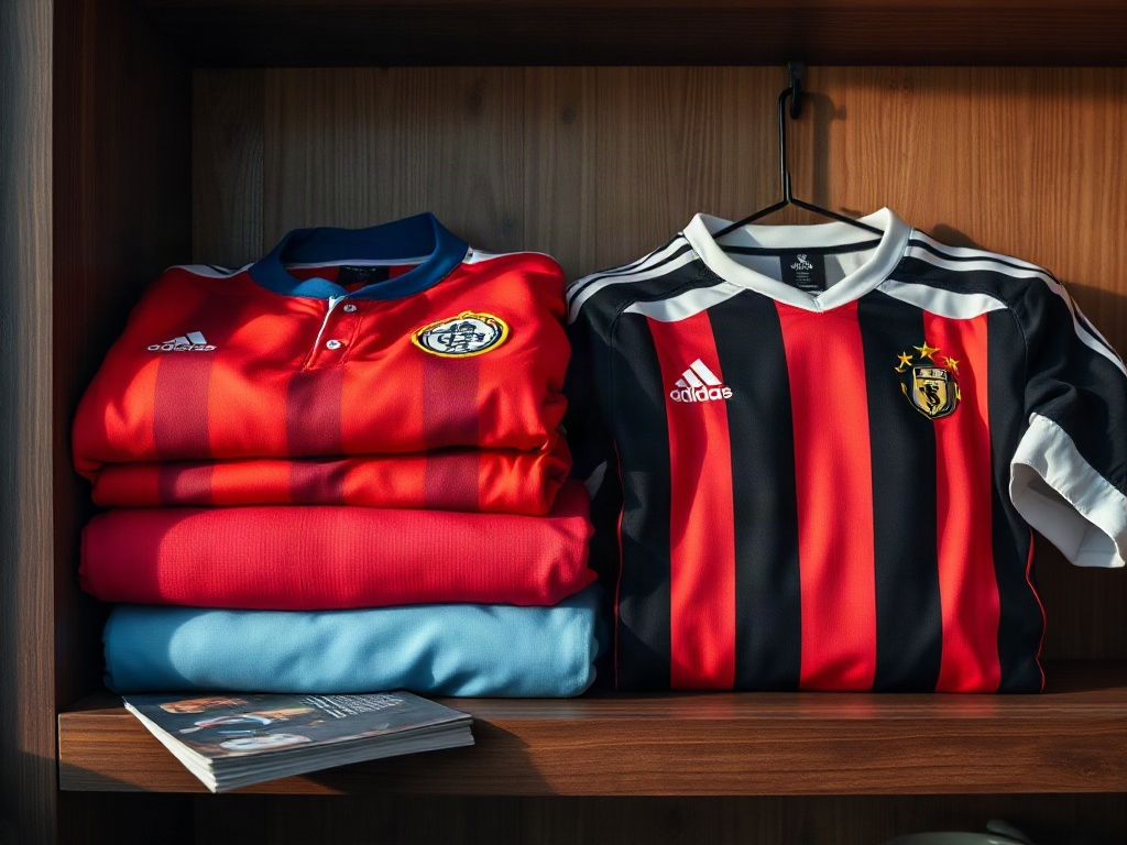 Comparison of English Premier League jerseys with no stars versus Italian and German shirts with gold stars above the badge, on a wooden collector's shelf