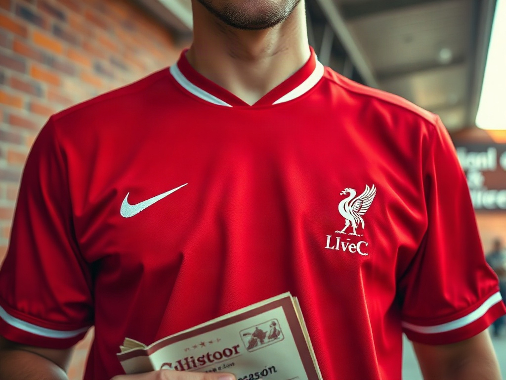 Liverpool supporter wearing the classic red jersey at a stadium entrance, showing the clean badge area with no stars above the Liver bird crest