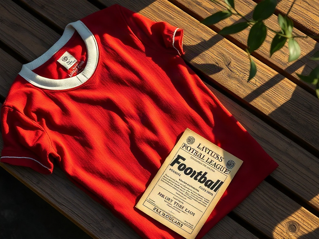 Vintage Arsenal scarlet cotton home shirt laid flat on aged wooden bench beside a yellowed 1930s match program