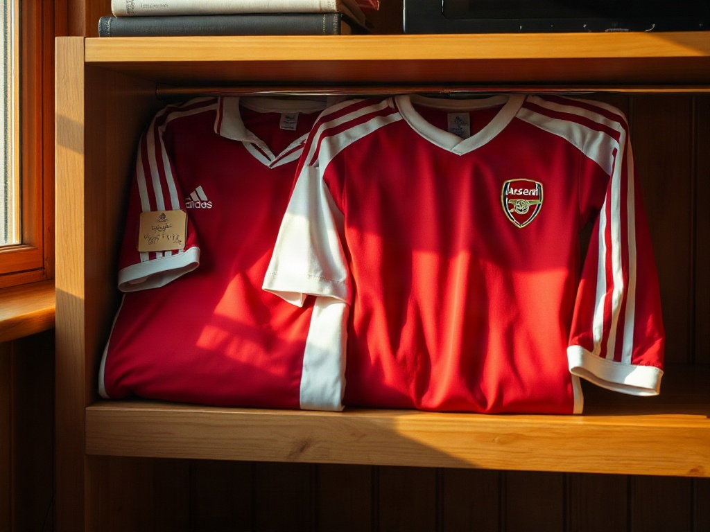 Two folded Arsenal jerseys on a collector's wooden shelf: a classic red-and-white Chapman-era style and a 1980s Adidas shirt with three-stripe sleeves