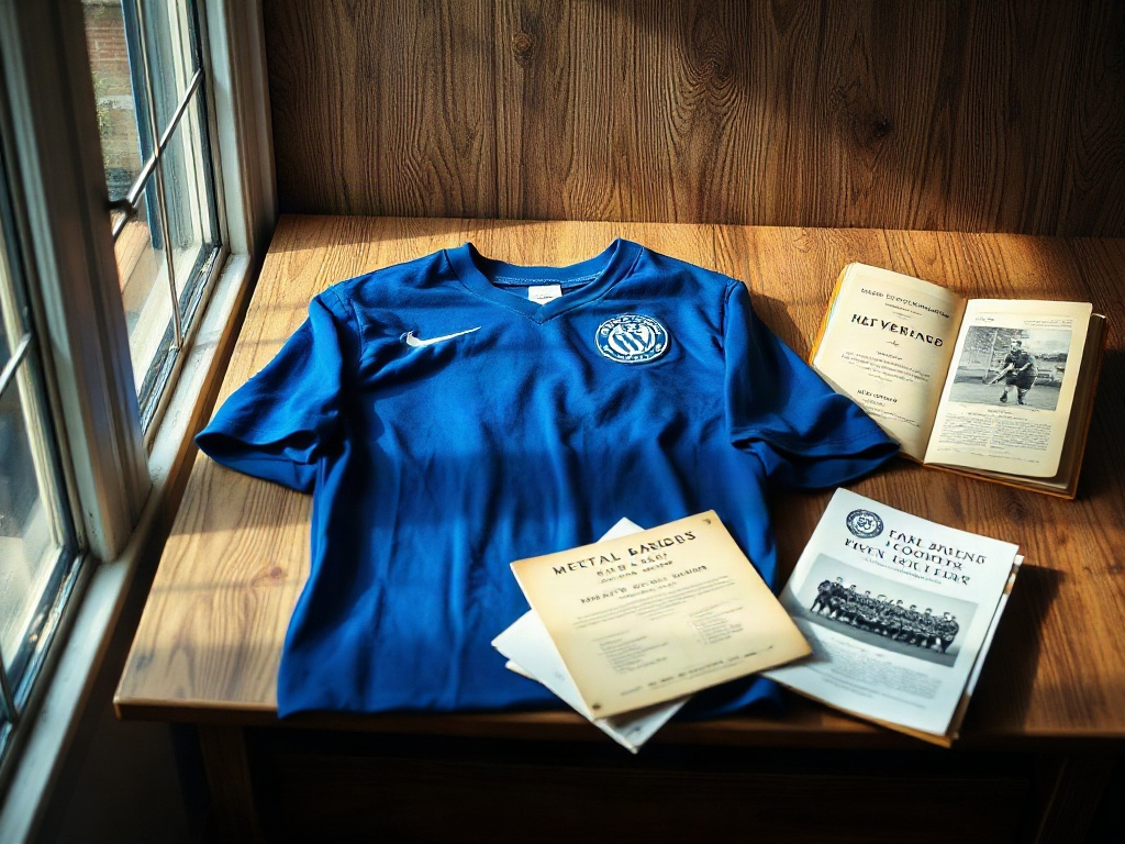 Vintage Chelsea 1950s royal blue cotton football jersey laid flat on oak shelf with match programmes