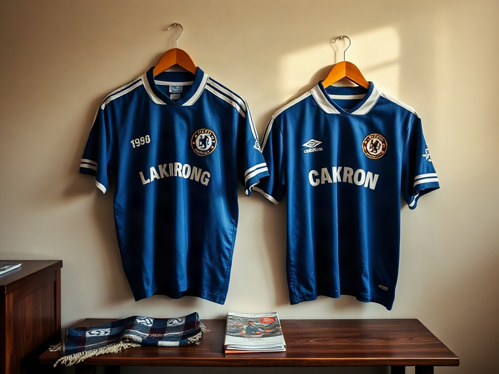 1980s Le Coq Sportif and 1990s Umbro Chelsea jerseys hanging side by side in collector's room