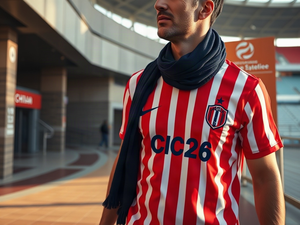 Supporter wearing the Chivas 2026 red-and-white striped soccer jersey at a stadium entrance