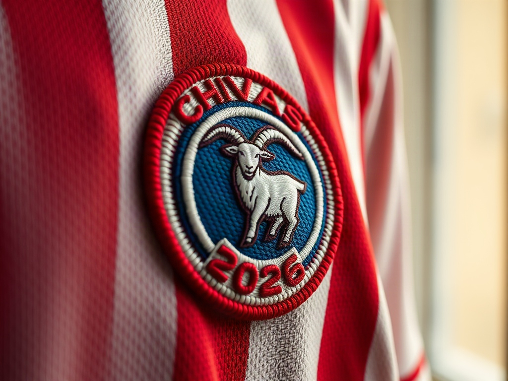 Close-up of the embroidered Chivas crest on the 2026 soccer jersey showing thread detail and color depth