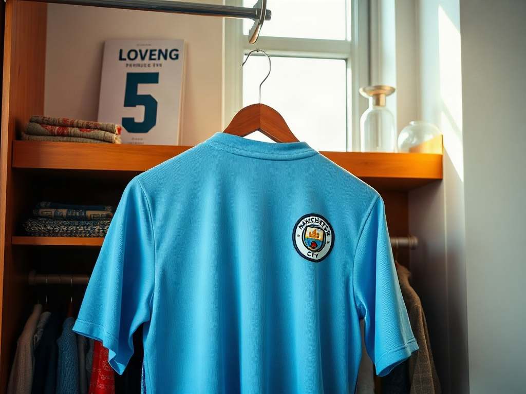 Manchester City sky-blue football jersey hanging in a collector's wardrobe, embroidered crest visible in natural morning light