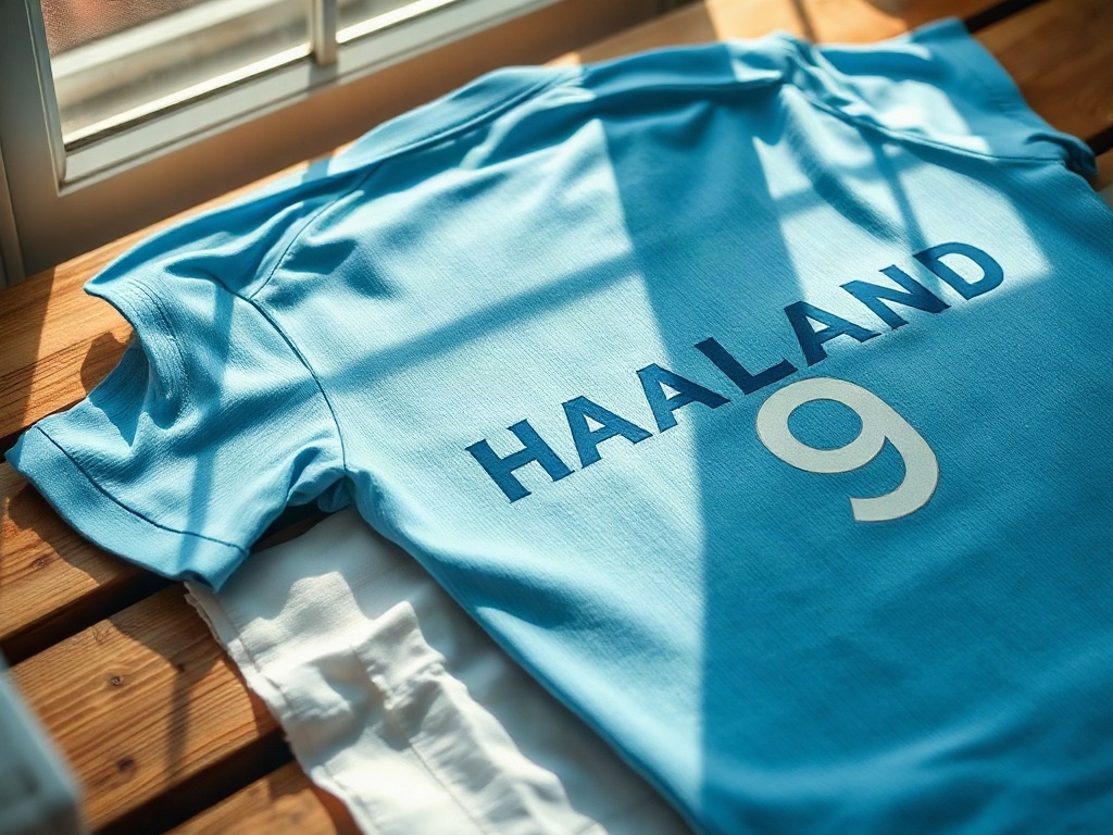 Close-up of HAALAND number 9 name and number on a Manchester City jersey, showing heat-press lettering detail on sky-blue fabric
