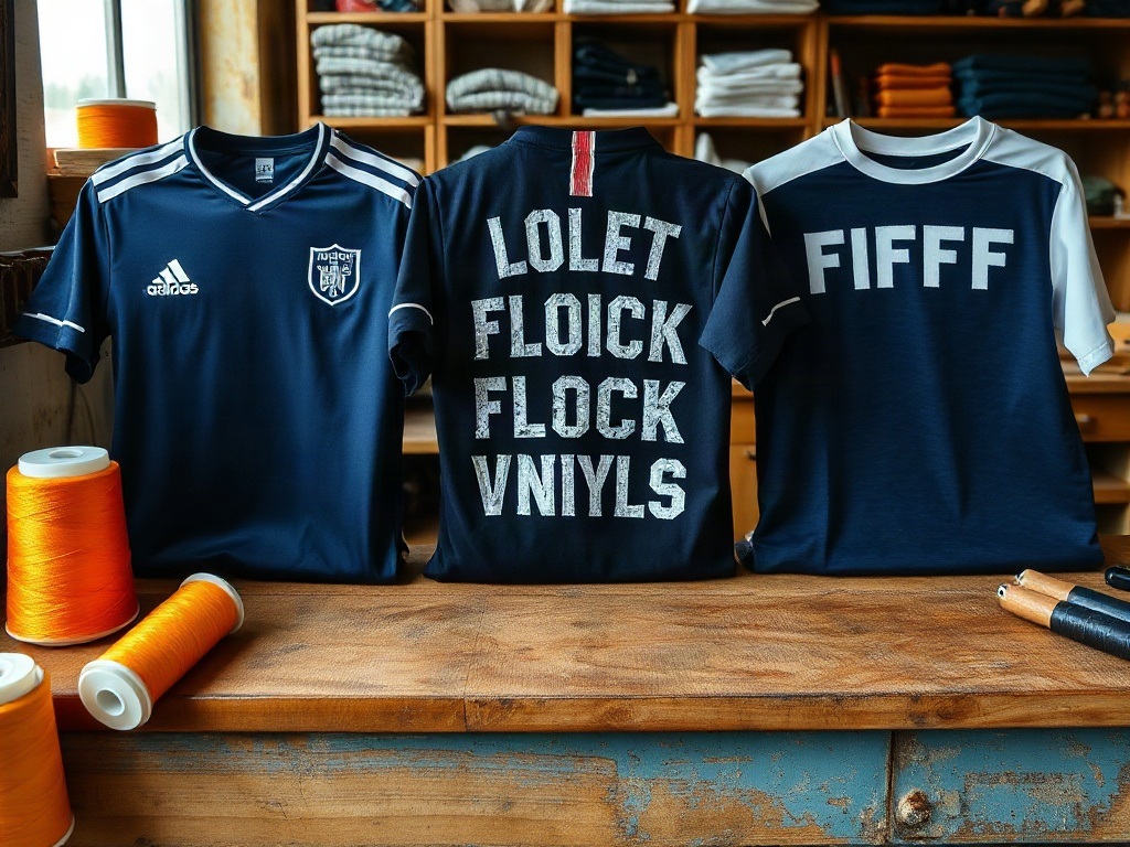 Three football shirt printing techniques side by side: flex vinyl, flock, and embroidery on fabric samples