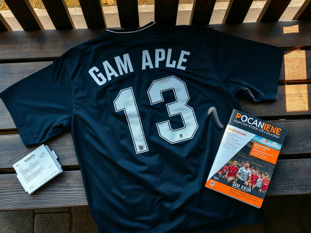 Football shirt back panel showing printed name and number in white on navy fabric, flat lay on wooden bench