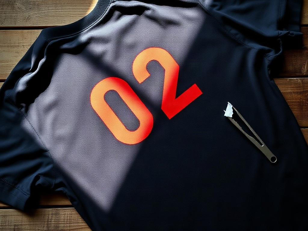 Close-up of a football shirt with a heat-transfer flock letter peeling at the corner on a wooden workbench