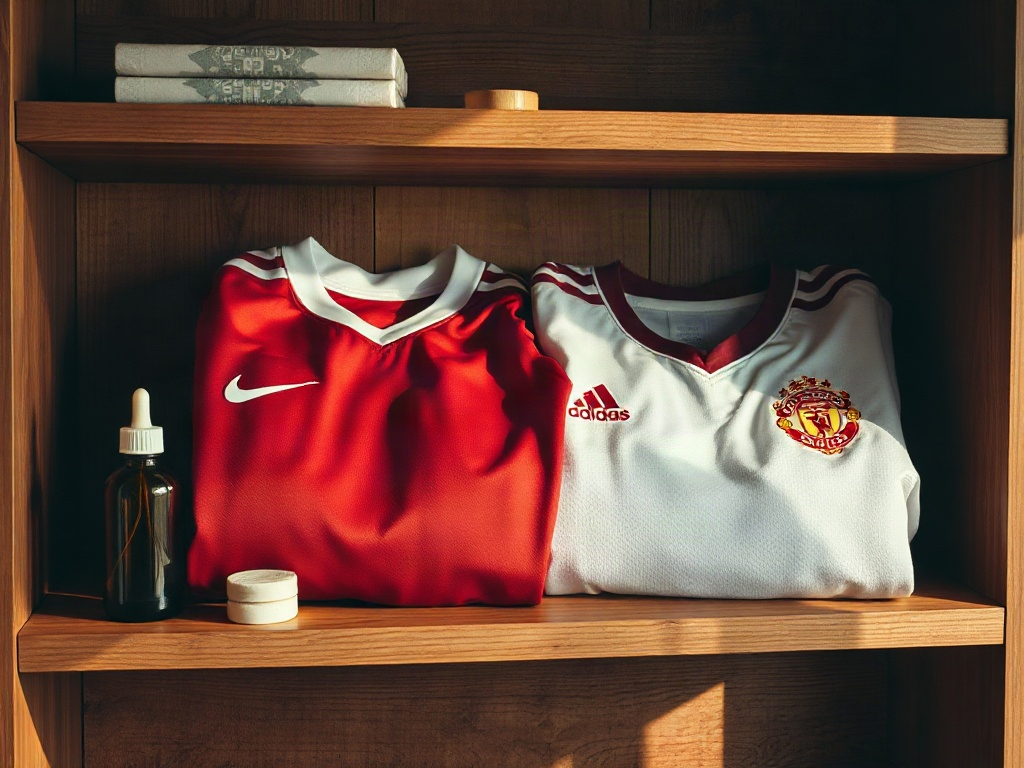 Adhesive solvent bottle and cotton pads beside football jerseys on a collector's wooden shelf