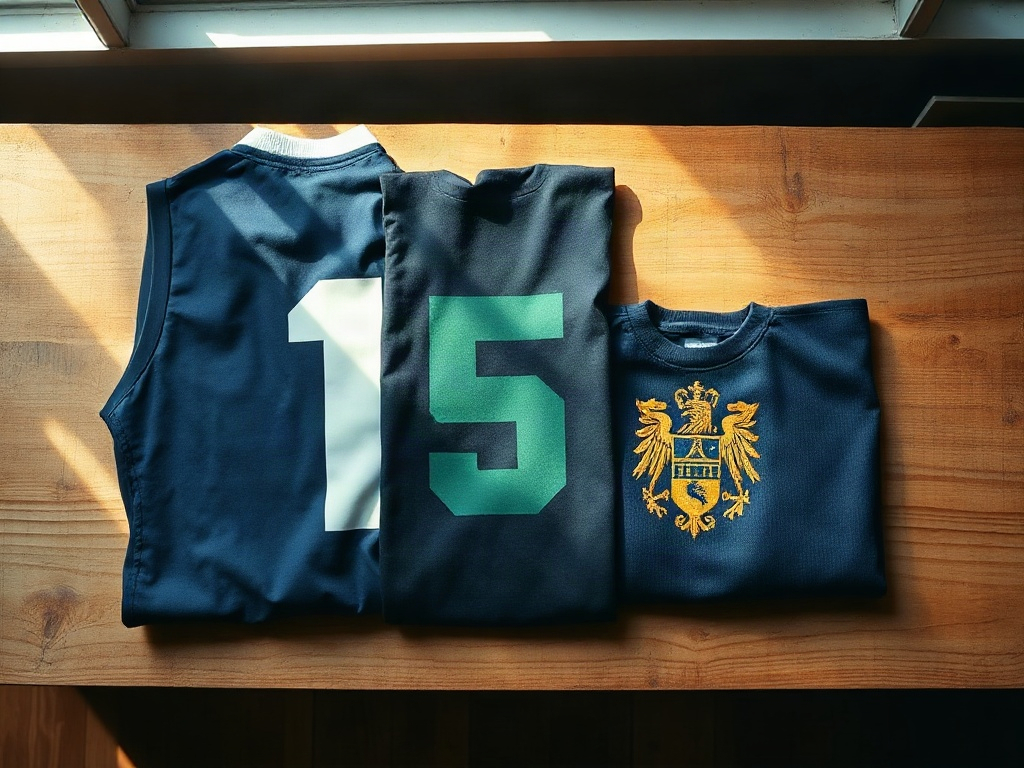Three football shirt print types side by side: heat-transfer vinyl, sublimation print, and embroidered crest on wooden workbench