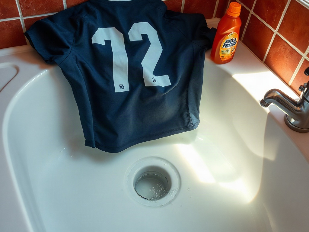 Printed football shirt turned inside out soaking in cold water with sports detergent in a ceramic sink