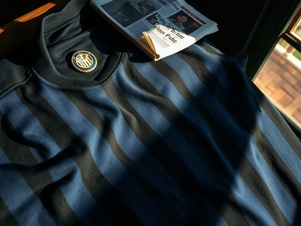 Vintage Inter Milan cotton jersey from the early era laid flat on aged wooden surface showing embroidered crest and black and blue stripes