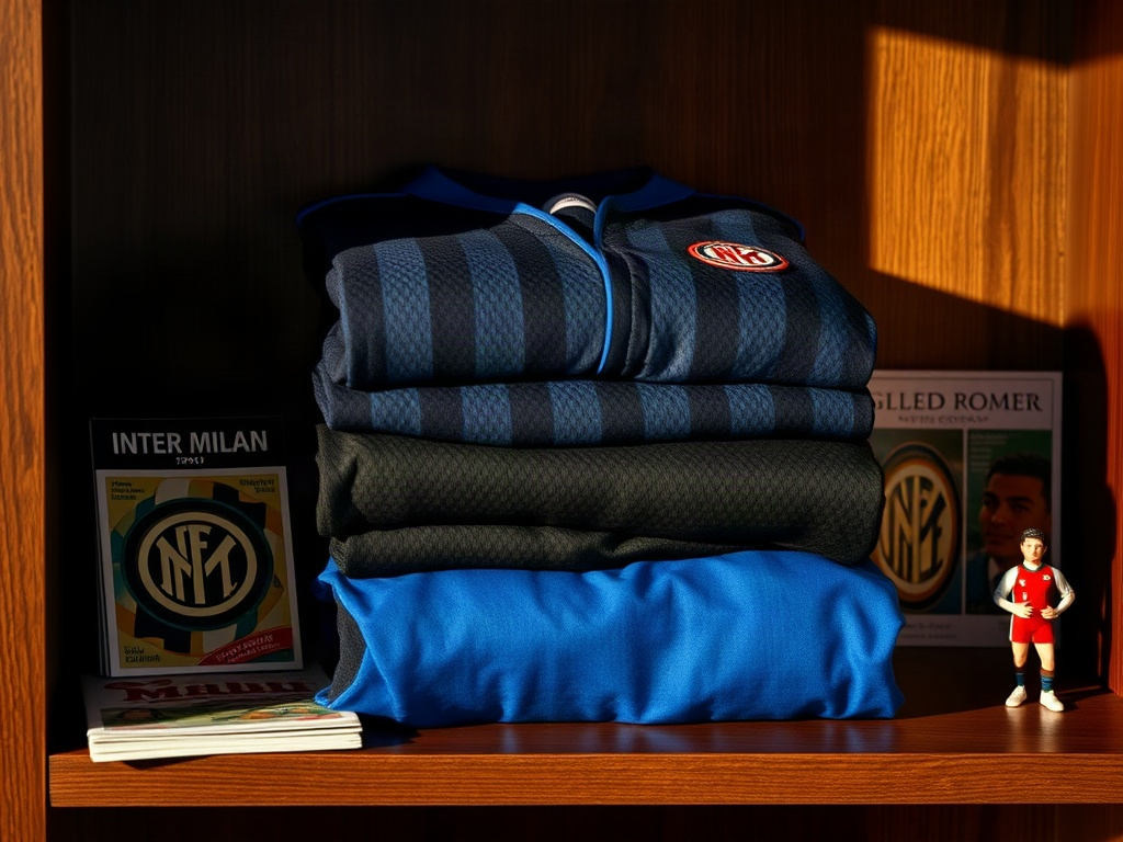 Two Inter Milan jerseys from different decades folded on a collector's wooden shelf alongside match programs showing the evolution of the Nerazzurri kit