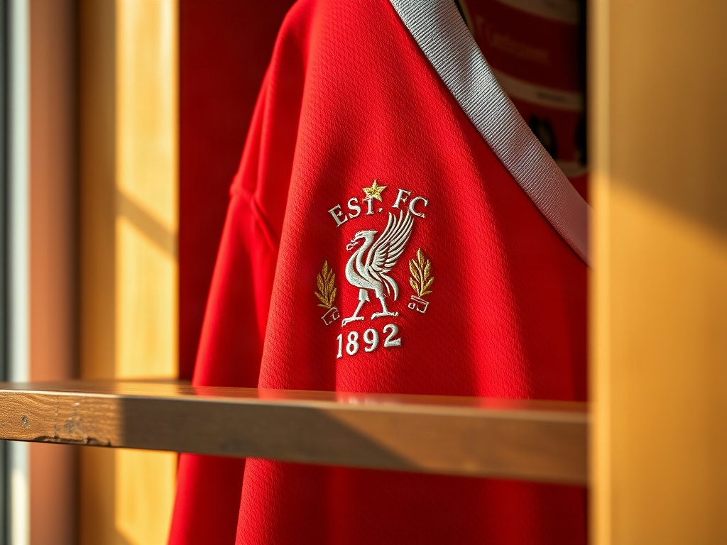 Close-up of Liverpool FC 125th anniversary jersey crest with gold and silver embroidery on deep red fabric