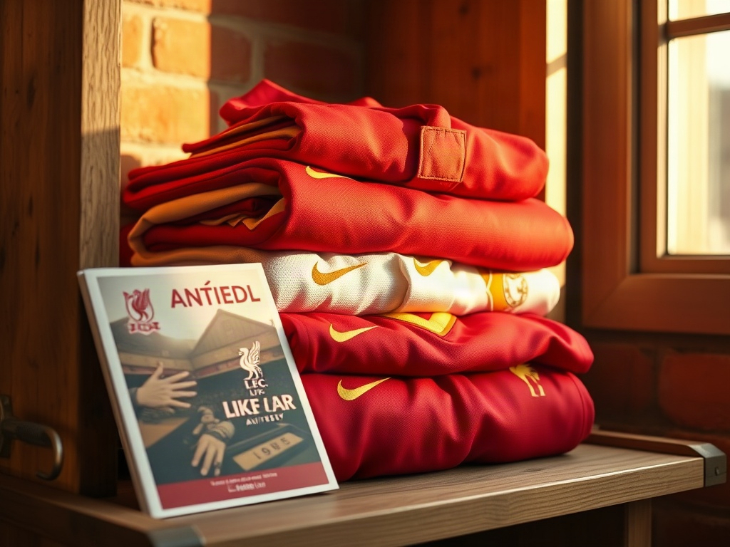 Three Liverpool FC anniversary jerseys stacked on a collector's wooden shelf alongside a vintage match program
