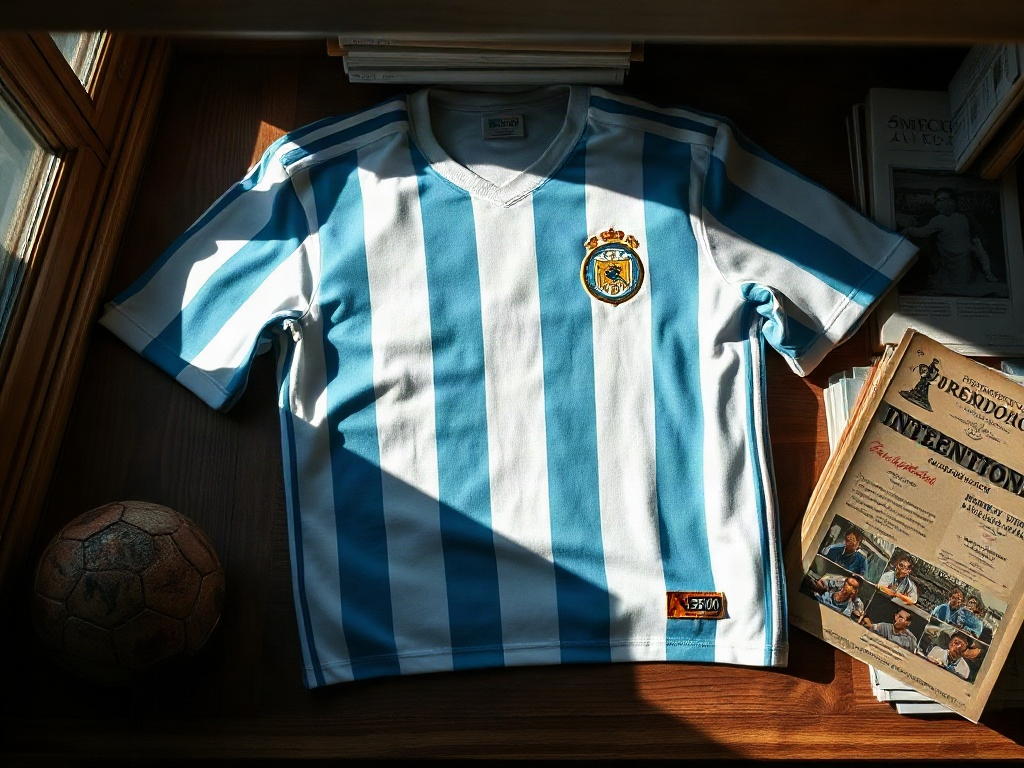 Argentina light blue and white striped football jersey laid flat on a wooden collector's shelf with match programs and a worn leather football