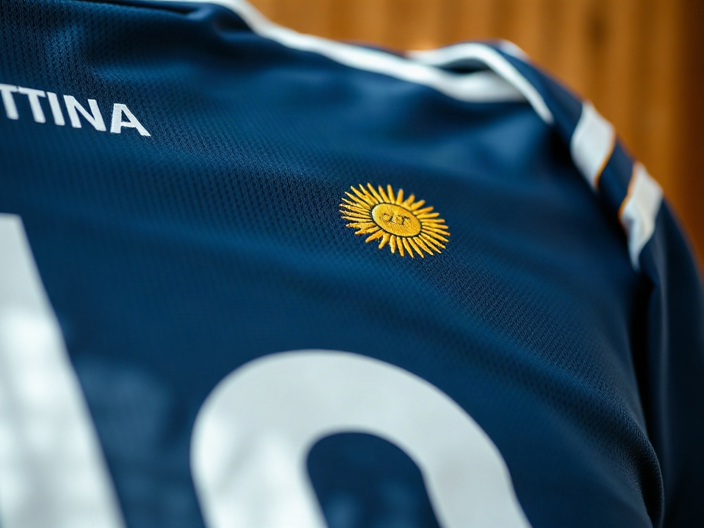 Close detail of embroidered AFA crest and number 10 on an Argentina football jersey showing dense gold and blue thread work
