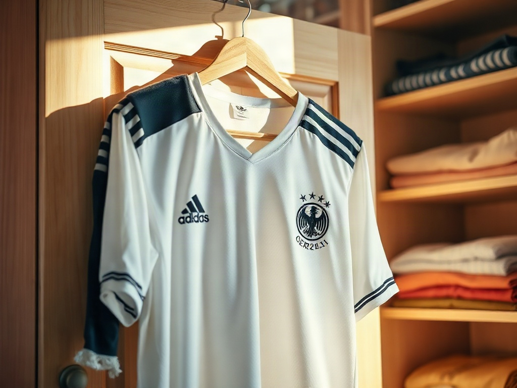 Germany 2026 home football shirt hanging in a sunlit wardrobe showing DFB crest embroidery and shoulder detailing