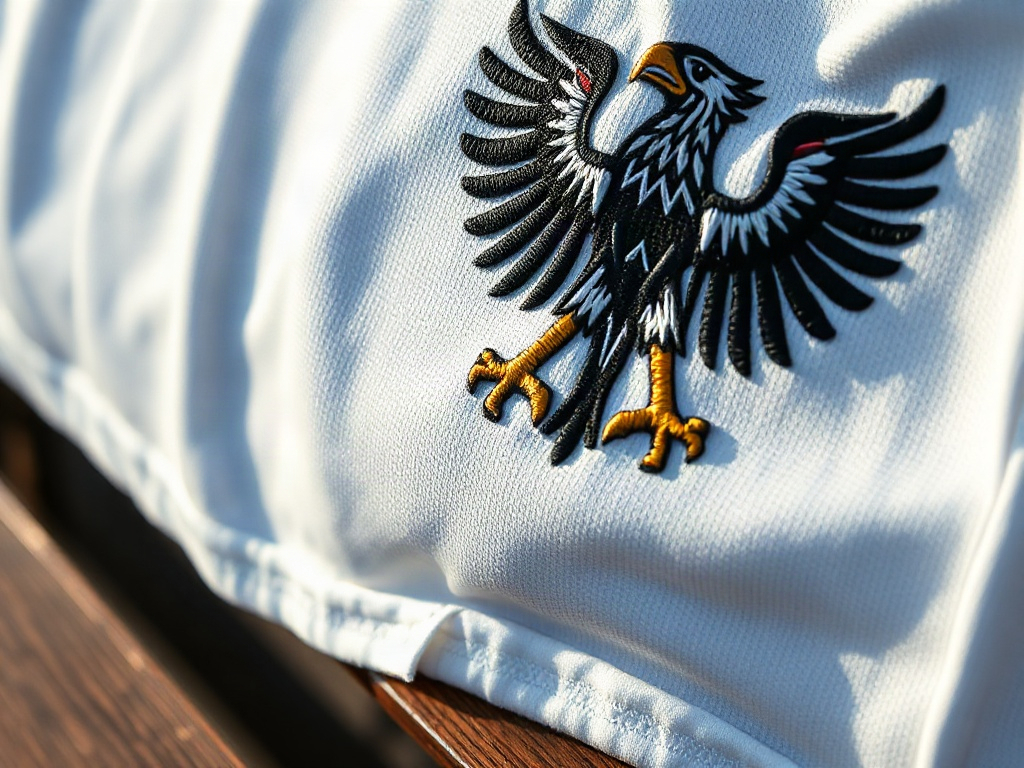 Close-up of the embroidered DFB eagle crest on the 2026 Germany football shirt showing four-color thread detail
